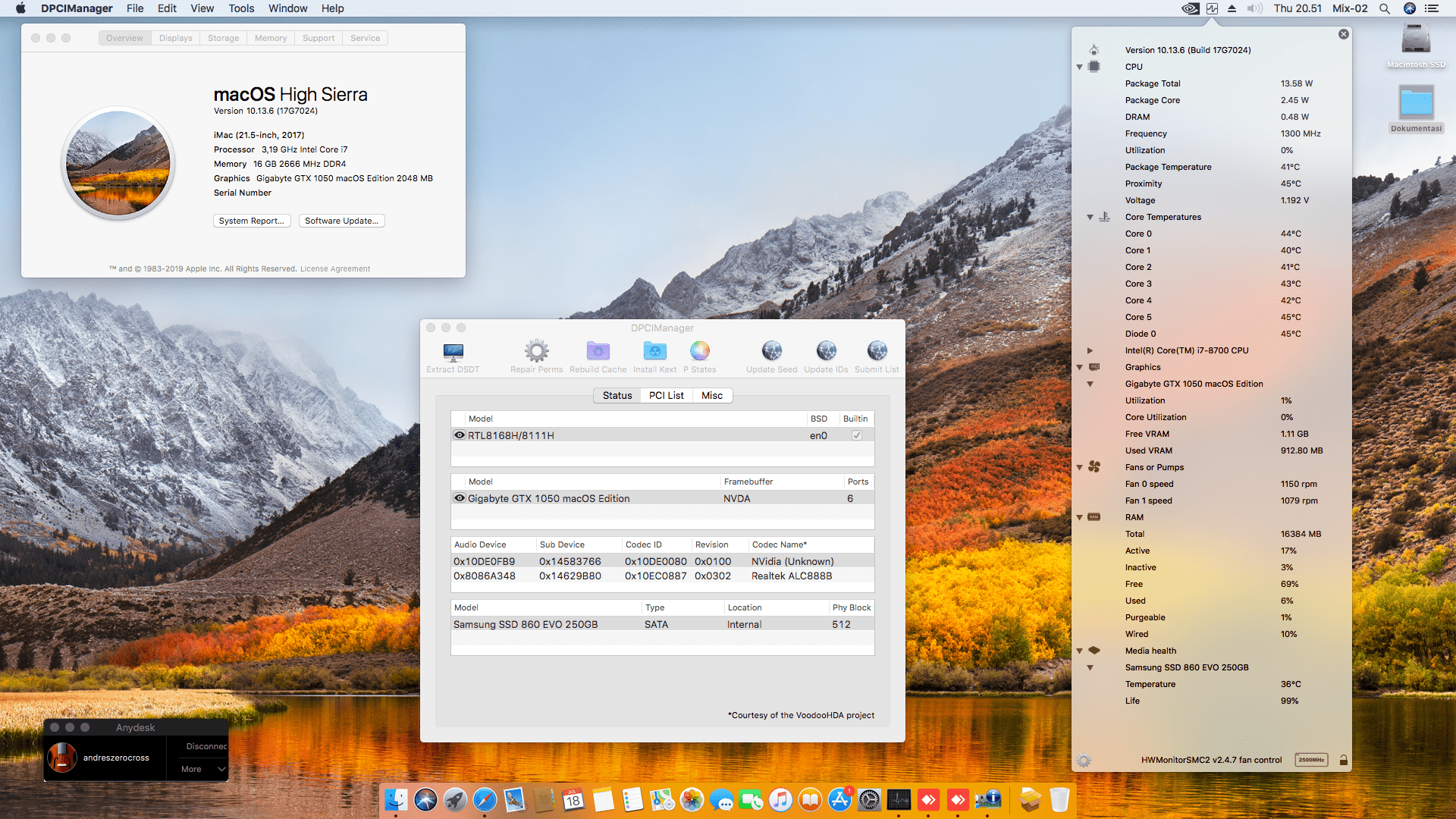 Success Hackintosh macOS High Sierra 10.13.6 Build 17G7024 at MSI H310I Pro + Intel Core i7 8700 + Gigabyte GTX1050